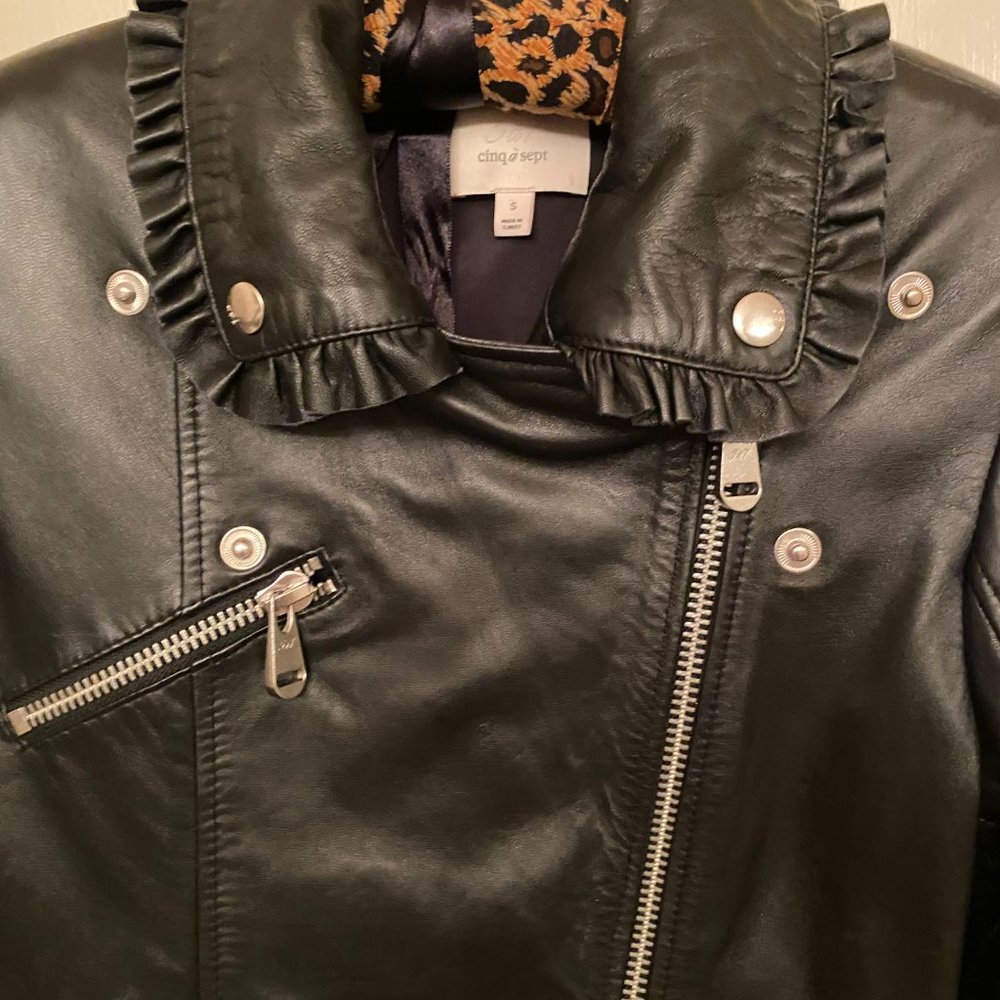 Cinq A Sept Eloise Moto Biker Leather Jacket Ruffled Trim SZ S - Picture 2 of 10